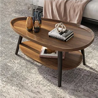 Ovaler Mid-Century Modern Couchtisch mit 2 Etagen - Geräumiges Design, Kleiner Sofa-Beistelltisch, Rustikaler Bauern-Tisch (Farbe: Eiche, Größe: 100cm)