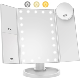 HIYAA Schminkspiegel mit 22 LED-Leuchten Beleuchtung, Faltbare Kosmetikspiegel mit 1X/2X/3X/10XVergrößerung, Schminkspiegel mit Touch Beleuchtung, Tischspiegel Unterstützung USB, Weiß
