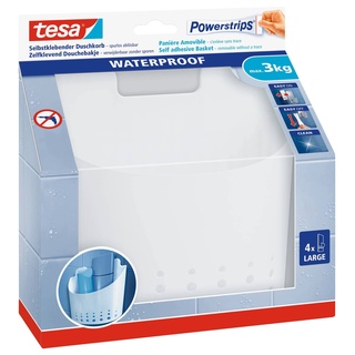 tesa Powerstrips Duschkorb Waterproof Wave groß, weiß - selbstklebender Kunststoff-Organizer für Dusche und Wanne - zur Aufbewahrung von Bad-Accessoires - belastbar bis zu 3 kg