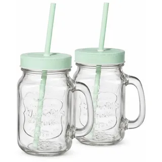 HI Gläser-Set Glas Trinkglas 2er Set mit Strohhalm und Deckel Smoothies Säfte, Material: Glas, Metall, Kunststoff
