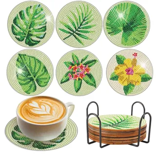 SHEGZHUC Diamond Painting Untersetzer Blätter 6 STK Diamond Painting Glasuntersetzer Tischuntersetzer Blatt Blumen Pflanze Diamant Malerei Dekorative Kunsthandwerk für Gläser Teetassen und Getränke