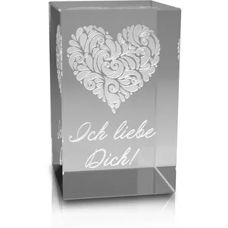 VIP-LASER 3D XL Glas Kristall mit verziertem Herz und Ich liebe Dich! Gravur graviert