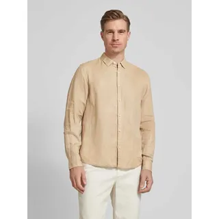 Regular Fit Leinenhemd mit Label-Stitching, Beige, L