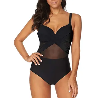 Achruor Badeanzug Damen Bauchweg V-Ausschnitt Sexy Einteiler Schwimmanzug Strandmode Bikini Push Up Bademode mit Shorts Schlankheits, Schwarz, L (EU 40-42) - L