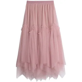 iyoimono Damen Tüllrock Falten Rock Höhe Taille A Line Mesh Freizeit Fashion Skirt Spitze Rock Midi Plisseerock Lässig Frühlingsrock(6804 Rosa) - Einheitsgröße