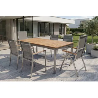 STERN Cardiff Garten-Essgruppe, silber/silbergrau, Edelstahl/Teak, Tisch 200/300 x 100 cm, 4 Stapel-, 2 Klappstühle, FSC®-zertifiziertes Produkt