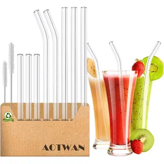 AOTWAN Glas Strohhalme Wiederverwendbar 10 Stück Glasstrohhalme, 3 Kurz + 3 Lange Geraden Glas-Strohhalme, 2 gebogenem Glas Trinkhalme mit 2 Reinigungsbürsten für Cocktails, Smoothie, Säfte