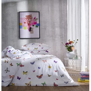 Bettwäsche APELT "Lucky" Gr. B/L: 135 cm x 200 cm (1 St.), B/L: 80 cm x 80 cm (1 St.), Satin (Bio-Baumwolle), weiß Satin-Bettwäsche Farbig tanzende Schmetterlinge, modische Statement im Schlafbereich