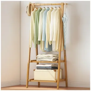 aoiuaoeniu Garderobenständer/Kleiderständer Bambus mit Haken und 2 Ablagen, Kleiderstange, klappbar, 160 cm Hoch, Multifunktional Garderobe für Kleidung, Hut, 1 Min Montage : 66/86/116CM