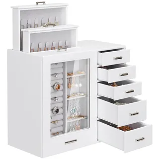 Yorbay Schmuckkasten Groß mit 8 Schubladen, Schmuckkoffer mit Glasfenster für Damen, Schmuckschatulle für Halsketten, Ringe, Armbänder, Ohrringe weiß