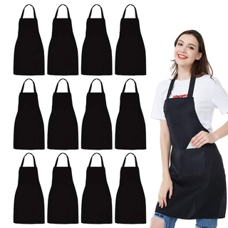Kochschürze, 12 Stück, Unisex, schwarze Schürzen mit 2 geräumigen Taschen, maschinenwaschbar für Küche, Basteln, Grillen, Zeichnen