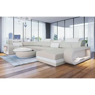 Sofa Dreams Wohnlandschaft Berlin U Form Mini Leder, Designersof, 6-Sitzer, LED-Beleuchtung, Couch, Kopfstützen, USB-Anschluss, Ottomane beige
