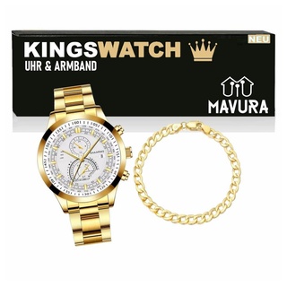 MAVURA Chronograph KINGSWATCH Armbanduhr & Armband Set Edelstahl Herrenuhr, Golduhr Goldarmband Quarz Männer Herren Elegant Gold