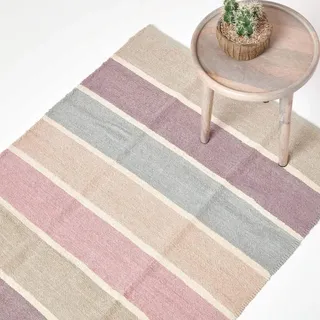 HOMESCAPES waschbarer Chenille Teppich/Läufer 110 x 170 cm, handgewebt aus 100% Baumwolle, blau, beige, lila und grau gestreift