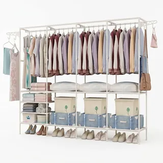 SANON Offener Kleiderschrank Robust,Schwerlast Kleiderständer Metall, 4 Kleiderstangen 10 Ablagen, Garderobe Ständer für Schlafzimmer Wohnzimmer, Einfache Montage,