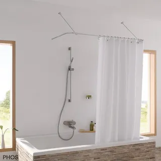PHOS Design Duschvorhangstange aus Edelstahl: U-Form für Badewannen, verschraubt, Wandmontage mit Wandabhängungen - 100% Made in Germany 65 cm x 145 cm