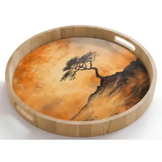 OnlyWow Tablett Rund mit Henkel Baum - Landschaft - Orange, Eichenholz, (1-tlg), Servierbrett Groß, Tischdeko, Platte, Tisch Deko 50 cm x 50 cm x 5 cm