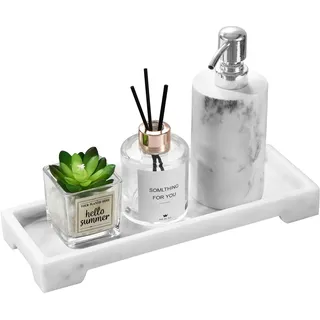 Luxspire Badezimmer Tablett Rechteckig, Harz Schmucktablett Marmor Tablett Toilettentank Küchenspüle Schwammhalter Spülbecken Organizer für Handtuch Seifen Spender Platte Parfümhalter, Weißer Marmor