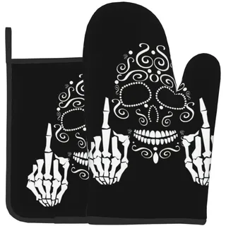 Opsrey Lustiger Totenkopf-Aufdruck, wiederverwendbar, Küchenhandschuhe, Ofenhandschuh und Topflappen, 2 Stück