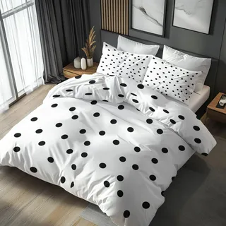 Generisch Bettwäsche 135x200 Polka Dot, Weiche Bügelfreie Mikrofaser Bettbezug Set 2tlg, Geometrisch Schwarz-Weiß Muster Schlafzimmer Deko, 1 Kissenbezug 80x80, mit Reißverschluss ZGS48