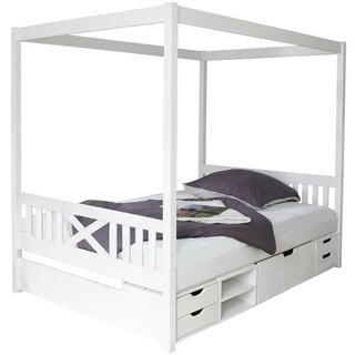 Ticaa Himmelbett Himmelbett Lino Kiefer Weiß 140x200, Bett mit Gestell, Oberer Teil abnehmbar und als Einzelbett stellbar weiß