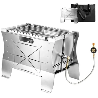 Saraoom Gasgrill Klein - 26.5×21×38cm Mobiler Grill Gas, Tragbarer Edelstahl Campinggrill | Gas & Holzkohlebetrieb - Faltbarer Campingkocher Propangas-Grills mini für Camping, Balkon, Garten & Outdoor