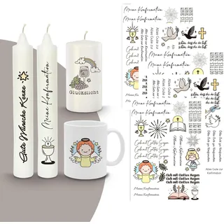 MilaBoo® Kerzentattoos 6x A5 I DIY Aufkleber für besondere Anlässe einfache Anwendung I Wasserschiebefolie für Kerzen I Premium Kerzenaufkleber (Konfirmation-A5)