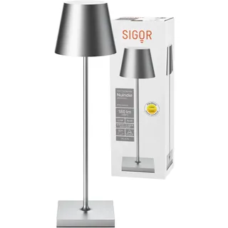SIGOR Nuindie - Dimmbare LED Akku-Tischlampe Indoor & Outdoor, Höhe 38 cm, aufladbar mit Easy Connect, 12 h Leuchtdauer, silberfarben