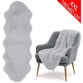 XXL Lammfell 180x60cm Teppich Kunstfell Bettvorleger Schaffell Imitat Doppelfell Grau - Grau
