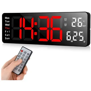 MODFU Wanduhr 13 Zoll LED Digitale Wand Uhr Küchenuhr Digitaluhr Tischuhr Wandwecker (mit Fernbedienung Einstellbare Timing und Countdown) rot