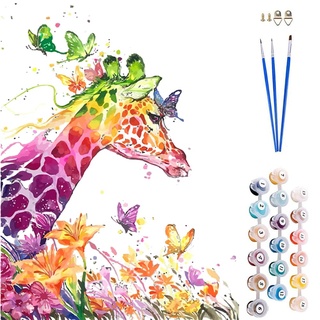 ABEUTY Malen nach Zahlen für Erwachsene Kinder, Rosa Giraffe Schmetterlinge Blumen Tiere inklusive Pinsel und Acrylfarben Diy Handgemalt öLgemäLde Kit Als Geschenk 40 x 50cm