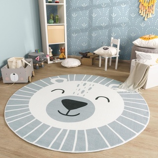 TT Home Waschbarer Kinderteppich Teppich Kinderzimmer Rund Spielteppich Löwe Bär Muster, Farbe:Grau, Größe:120 cm Rund