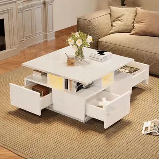 Merax LED-Couchtisch 70x70x40cm mit App-Licht, quadratischer Sofatisch mit 4 Schubladen, 3 Ebenen und USB-Strom, Wohnzimmertisch mit Stauraum, Hoch...