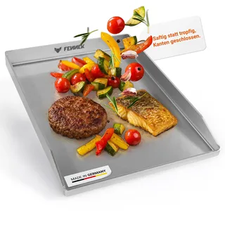 FENNEK Plancha 40 x 30 geschlossen mit verschweißten Ecken für Elektrogrill, Gasgrill, Kohlegrill uvm. | 4,0 mm Edelstahl | Spülmaschinenfest | Made in Germany