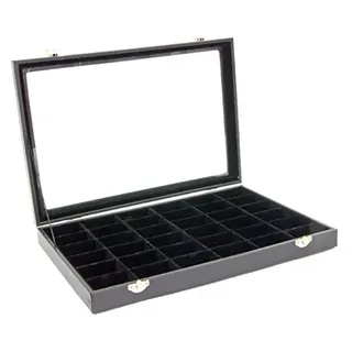 Sinoba Schmucklade Schmuckkasten Schaukasten Glasdeckel | 36 Fächer | Schmuckdisplay mit Glasdeckel und samtigen Fächern. Stapelbar für Ringe, Ohrringe, Ketten und Kleinschmuck
