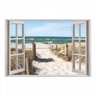 156 Wandtattoo Fenster - Weg zum Ostseestrand - in 5 Größen - Sand Meer Wandbild Wanddeko Maritim - Größe 1250 x 830 mm