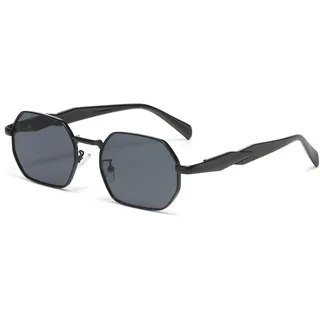RUNHUIS Retro Hexagon Sonnenbrillen für Herren Damen Vintage Quadratisches Rechteck Metallrahmen Punk Stil Brille (Schwarz/Grau)