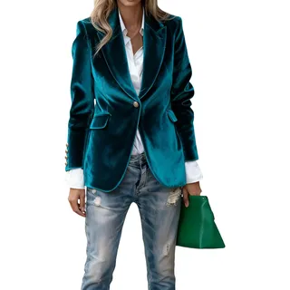 KUUFUUT Damen-Samtblazer Einfarbig Langärmelig Revers Ein-Knopf-Anzugjacke mit Taschen Oberbekleidung für Büro und Arbeit Samtbalzer für Damen - M