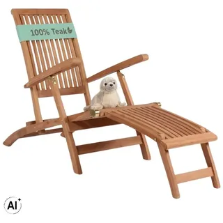 MR.DEKO Gartenliege Yacht Teak, Gartenliege, mehrfach verstellbar mit Fußteil, 1 St. beige