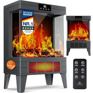 KESSER® LED Kamin Arvo mit Heizung elektrisch | Kaminheizung Elektrokamin Standkamin mit realistischem Feuer -/ Flammeneffekt per Fernbedienung, Timer Überhitzungsschutz Zwei Heizstufen, 2000W