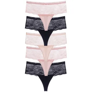 High-Waist-String DORINA "Nina", Damen, Gr. XL, rosa (pink, schwarz, beige, pink, schwarz), Obermaterial: 90% Polyamid, 10% Elasthan, eng, Unterhosen High-Waist-String, breiter Bund, leicht transparent, mit Spitze, weich, mit Schleife, eng