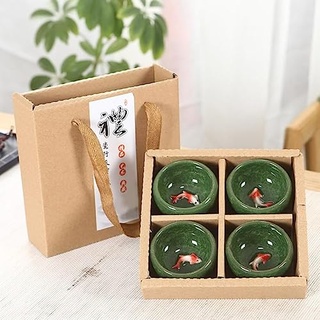 ZCRFYY 4 STÜCKE Handgemachte Keramik Mini Fisch Kung Fu Tasse Set 40 ML Japan Teetassen Keine Griffe für Büro und Zuhause,Grün