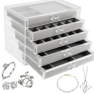ZEONHEI 1 Stück Klarer Acryl Schmuckkasten, 5 Schubladen Transparent Verstellbarer Samt Schmuckaufbewahrung Organizer für Ohrringe Ringe Halsketten Armbänder Schmuck Display, 23.7 x 17.5 x 15 cm