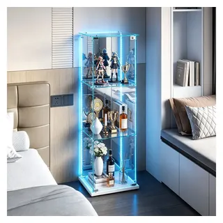 Simurq Glasvitrine Standvitrinen mit LED Beleuchtung, 3 Lagen Vitrinenschrank mit Glastür (1-St, Glas Vitrine mit 1 Glastür und 3 Lagen, Glasschrank mit Schloss) Sammlervitrine für Sammlerstücke, Modernes rahmenloses Design weiß
