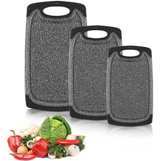 Schneidebrett,Schneidebretter Set,3-Teiliges Kunststoff-Schneidebrett Set,mit Aufhänge/Tragegriff rutschfesten Füßen und tiefem Tropfsaft Groove,Antibakteriell für Fisch,Fleisch,Gemüse,Obst