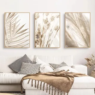 3er Poster Set Schilf Natur Leinwandbilder Beige Boho Pampasgras 30x40cm