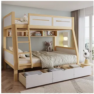 Odikalo Kinderbett Etagenbett Holzbett 90x200 & 120x200 (Etagenbett, Kinderbett, Drei Schubladen mit Rollen, 2m Bilderbuchständer, Sichere vierseitige Umzäunung und Trittleiter, Kiefer + MDF + Sperrholz, Weiß+Natur, 90x200cm&120x200cm)