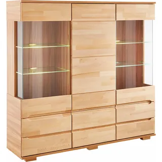 OTTO home Highboard OTTO HOME "Vetro,150cm breit,40 cm tief,Fronten Massivholz,9 Fächer", beige (kernbuche teilmassiv), B:150cm H:144,5cm T:40cm, Holz teilmassiv, Sideboards, Highboard, Kernbuche massiv, Holzwerkstoff, 3Türen,6 Schubladen, Griffmulden