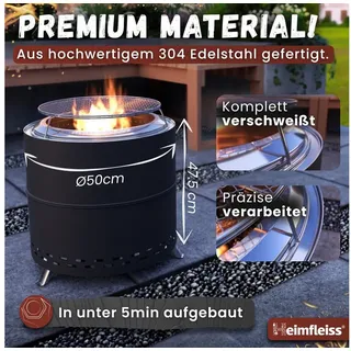 Heimfleiss® Feuerschale Feuerstelle Edelstahl 304 rauchreduziert Camping, (Komplettset mit Grillrost, 6-St., inkl. Topfhalter & Tragetasche), windgeschützt Ø 50 cm schwarz