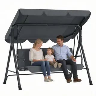 Huracan Hollywoodschaukel 3 Sitzer, Gartenschaukel mit Verstellbarem Sonnendach, Wetterfest Gartenliege, Stabile Metallkonstruktion, Schaukelstuhl mit Anti-Rutsch-Füßen, 193x110x152cm, Anthrazit